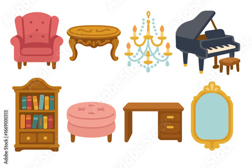 Deluxe Furniture Icons. Flat vector mini-illustrations deluxe furniture in colors children's illustrations: velvet armchair,