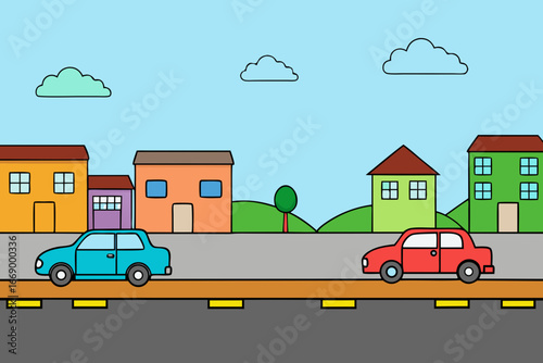 A busy cartoon town street scene with cars background vector illustration
