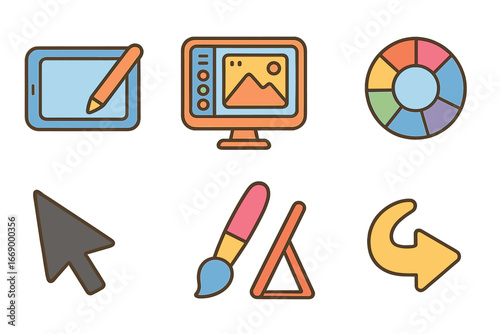 Digital Art Tools. Flat vector mini-illustrations digital illustration in colors children's illustrations: tablet with stylus,