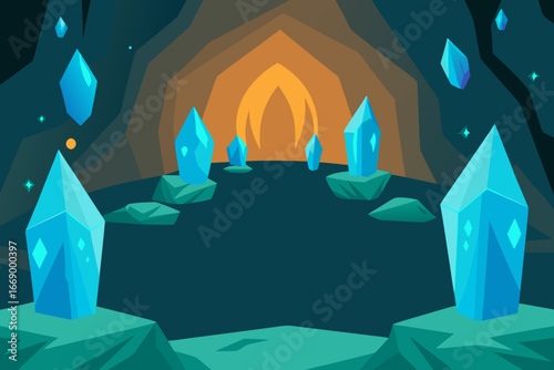 A cartoon cave background with glowing crystals vector illustration
