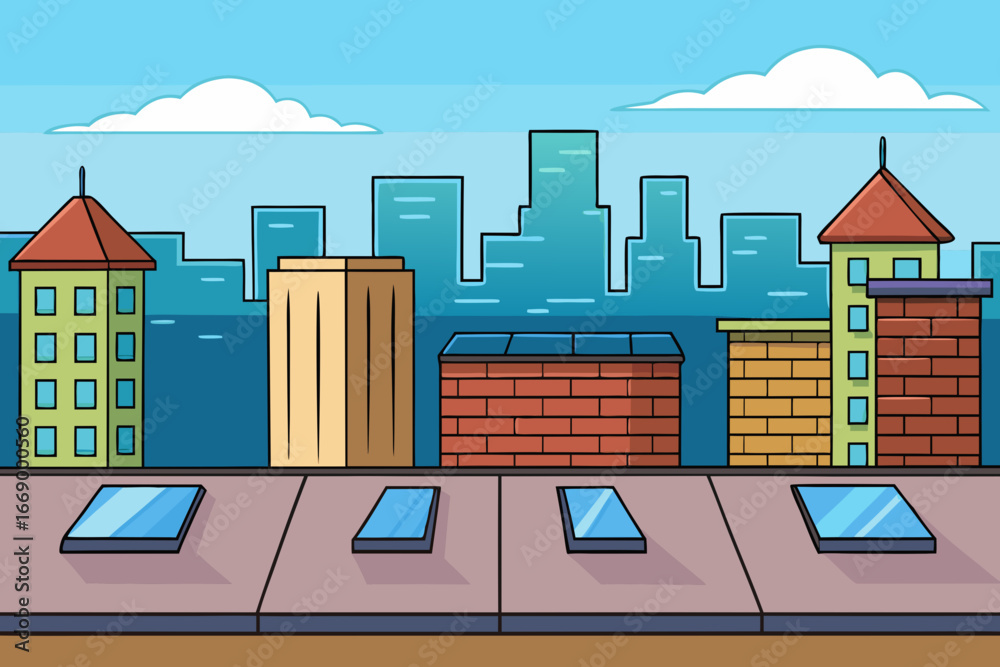 Fototapeta premium A scenic cartoon city rooftop with a view of skyscrapers vector illustration