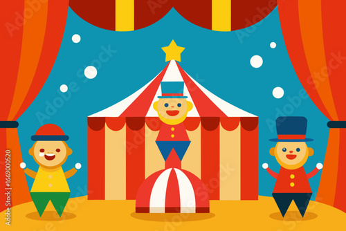 A cartoon circus background with clowns and a stage vector illustration