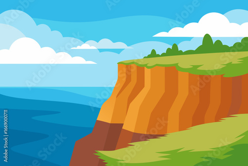 A cartoon illustration of coastal cliffs with an ocean view vector illustration