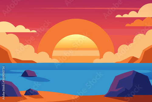 A beautiful cartoon coastal sunset scene with rocks vector illustration