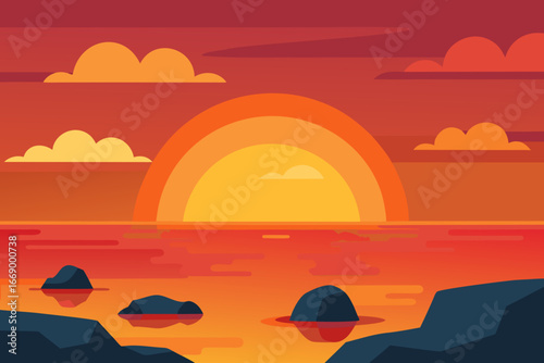 A cartoon coastal sunset with rocks vector illustration