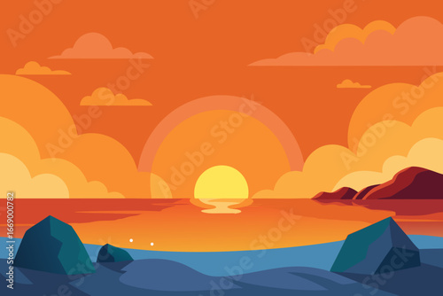 A colorful cartoon illustration of a coastal sunset with rocks vector illustration