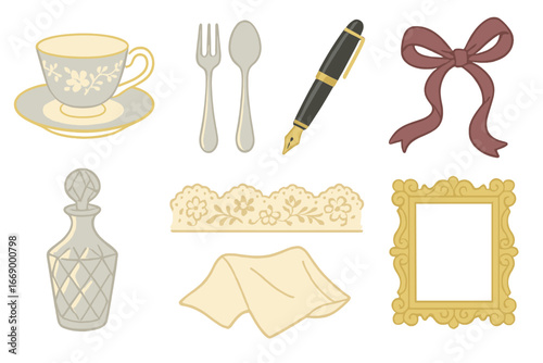 Elegant Objects Grid. Flat vector mini-illustrations refinement in colors children's illustrations: fine china teacup, polished