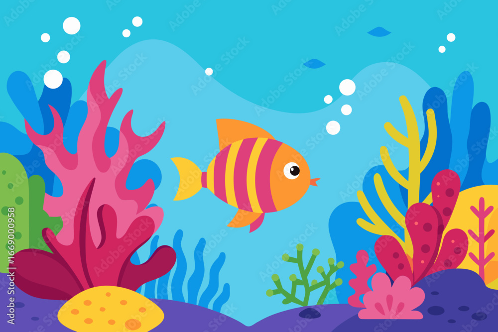 Naklejka premium A vibrant cartoon illustration of a coral reef with tropical fish vector illustration