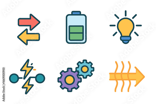Energy Icons Grid. Flat vector mini-illustrations energy transfer in colors children's illustrations: arrows, battery charging,