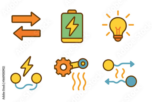 Energy Icons Grid. Flat vector mini-illustrations energy transfer in colors children's illustrations: arrows, battery charging,
