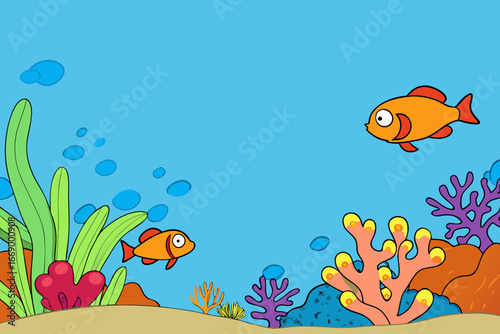 A colorful cartoon coral reef background with many tropical fish vector illustration