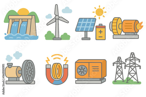 Energy Source Icons. Flat vector mini-illustrations dynamo generators in colors children's illustrations: hydroelectric dam,