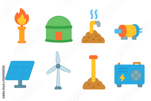 Energy Sources Icons. Flat vector mini-illustrations landfill gas and energy in colors children's illustrations: methane flare,