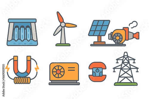 Energy Source Icons. Flat vector mini-illustrations dynamo generators in colors children's illustrations: hydroelectric dam,