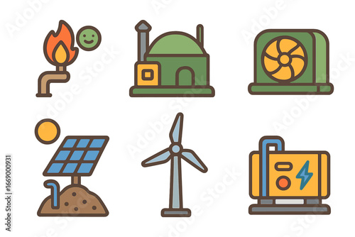 Energy Sources Icons. Flat vector mini-illustrations landfill gas and energy in colors children's illustrations: methane flare,