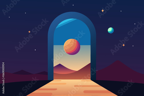 A cartoon illustration of a cosmic portal vector illustration