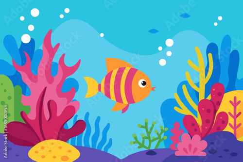 A vibrant cartoon illustration of a coral reef with tropical fish vector illustration