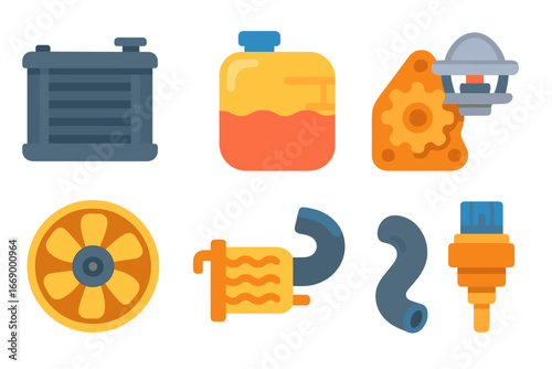 Engine Cooling Icons. Flat vector mini-illustrations engine cooling systems in colors children's illustrations: radiator, coolant
