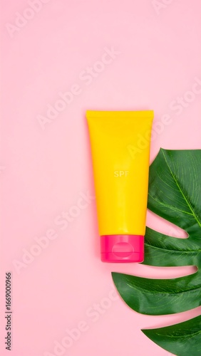 Sunscreen tube on pink with leaf