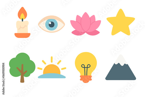 Enlightenment Icons Grid. Flat vector mini-illustrations Symbols of enlightenment in colors children's illustrations: candle flame
