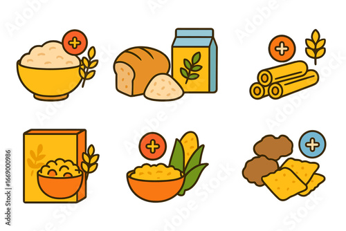 Enriched Grains Icons. Flat vector mini-illustrations enriched grains and cereals in colors children's illustrations: fortified