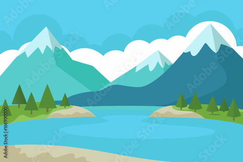 A serene cartoon scene of a crystal clear lake vector illustration