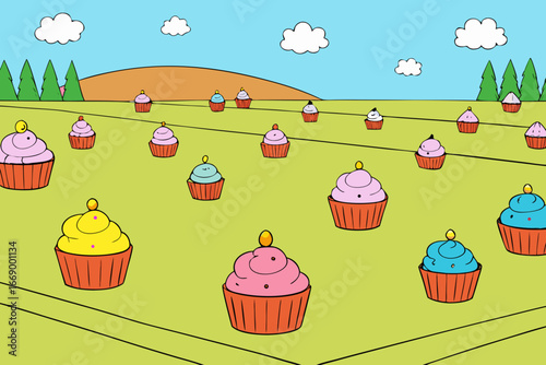 A whimsical cartoon field made of cupcakes vector illustration