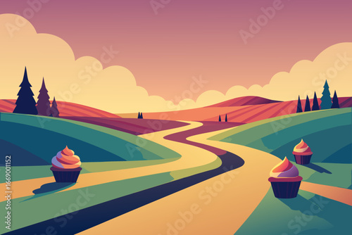 A cartoon landscape of a cupcake field vector illustration