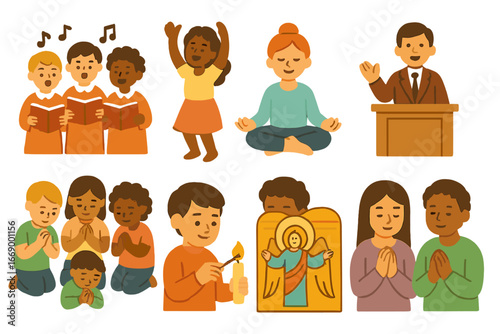 Faith Expressions Icons. Flat vector mini-illustrations faith expressions in colors children's illustrations: singing choir,
