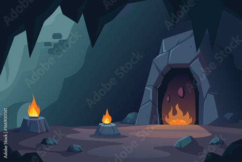 A cartoon dark cave dungeon background vector illustration