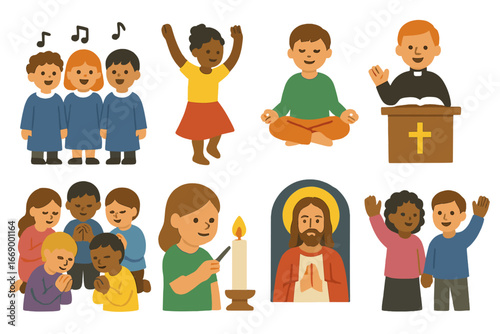 Faith Expressions Icons. Flat vector mini-illustrations faith expressions in colors children's illustrations: singing choir,