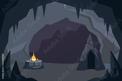 A mysterious cartoon background of a dark cave dungeon vector illustration