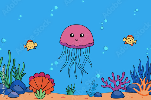 A cartoon deep sea background with jellyfish and coral vector illustration
