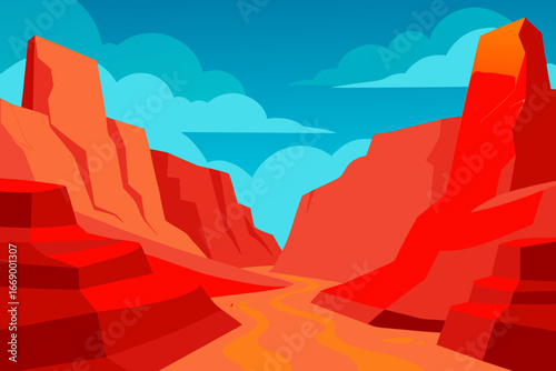 A vibrant cartoon scene of a desert canyon with red cliffs vector illustration