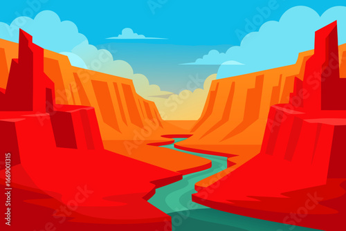 A cartoon desert canyon with red cliffs vector illustration