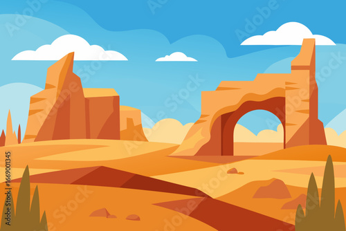 A majestic cartoon scene of desert cliffs with natural arches vector illustration
