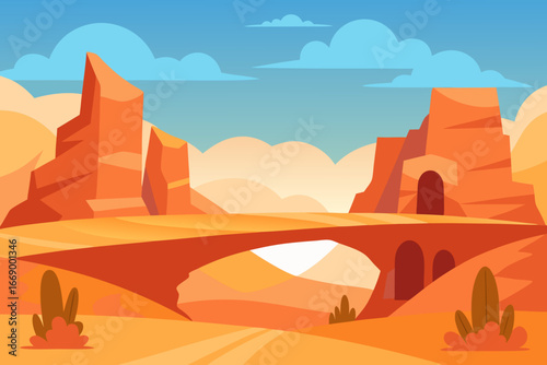 A cartoon illustration of desert cliffs with arches vector illustration