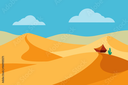 A simple cartoon illustration of desert dunes with a caravan vector illustration