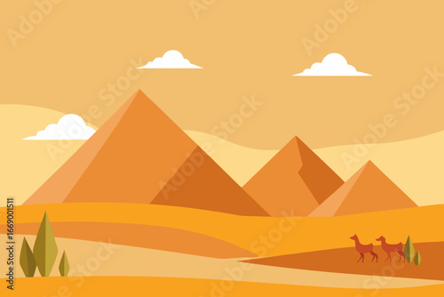 A majestic cartoon background of a desert pyramid with camels vector illustration
