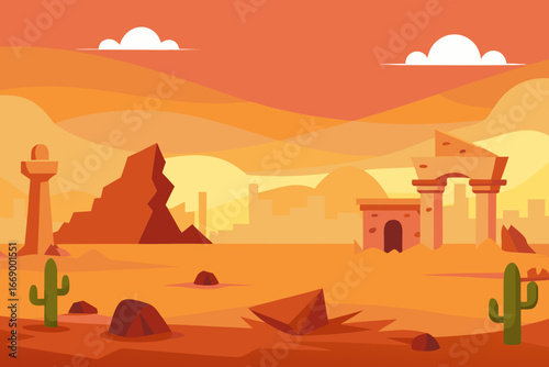 A cartoon desert ruins background with a broken statue vector illustration