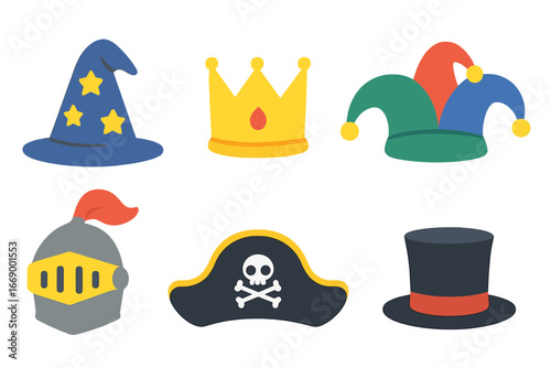 Fantasy Hat Collection. Flat vector mini-illustrations fantasy hats in colors children's illustrations: wizard hat, crown,