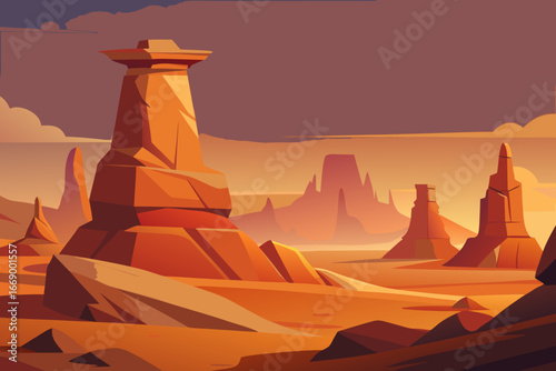 A charming cartoon scene of desert rock formations with a lizard vector illustration