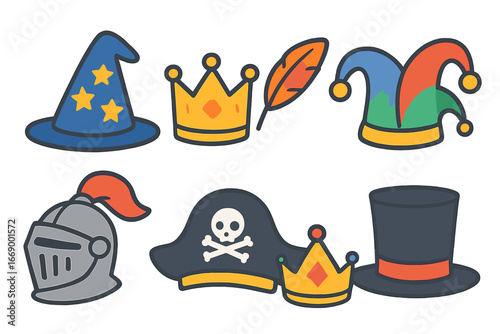 Fantasy Hat Collection. Flat vector mini-illustrations fantasy hats in colors children's illustrations: wizard hat, crown,