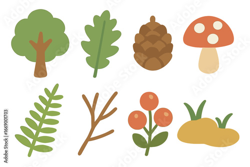 Forest Habitat Icons. Flat vector mini-illustrations forest habitat in colors children's illustrations: tree, oak leaf, pine cone,