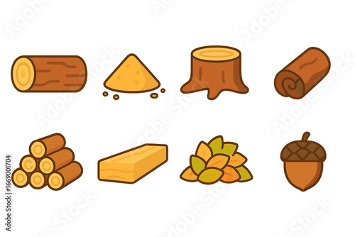 Forestry Materials Icons. Flat vector mini-illustrations forestry raw materials in colors children's illustrations: pine log,