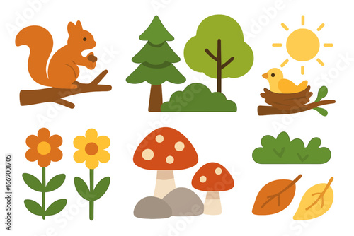 Forest Creatures Grid. Flat vector mini-illustrations forest scene with squirrel in colors children's illustrations: squirrel on