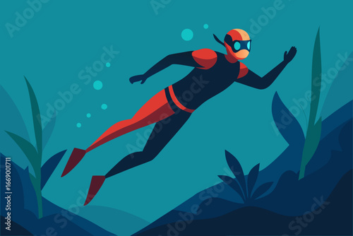 A cartoon illustration of a diver underwater vector illustration
