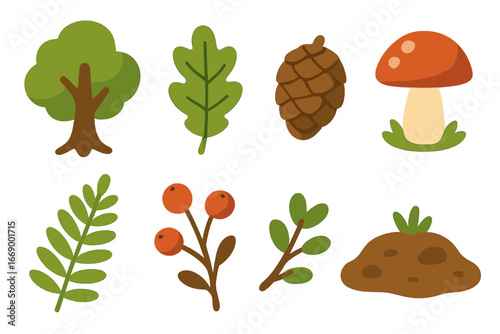 Forest Habitat Icons. Flat vector mini-illustrations forest habitat in colors children's illustrations: tree, oak leaf, pine cone,