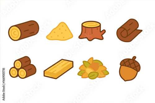Forestry Materials Icons. Flat vector mini-illustrations forestry raw materials in colors children's illustrations: pine log,