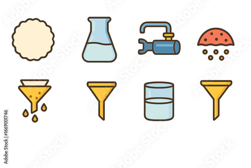 Fun Filtration Icons. Flat vector mini-illustrations funnel filtration in colors children's illustrations: filter paper, filter